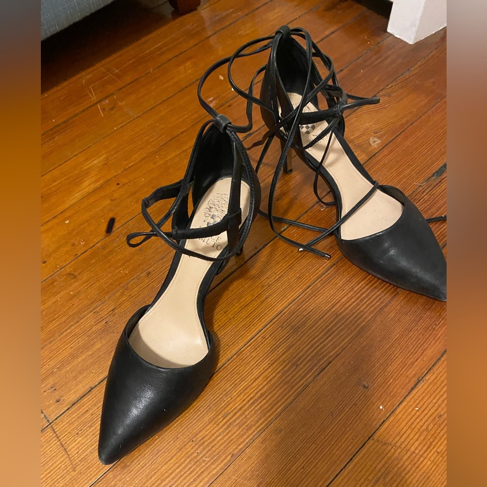 Vince camuto lace up black leather stiletto heels in size 8